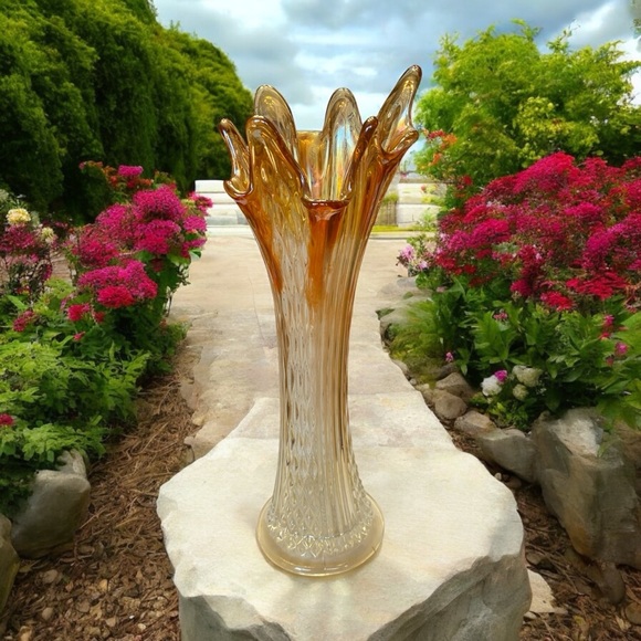 Fenton Other - Vintage Fenton Marigold Carnival Glass Swung Vase Diamond Point Columns